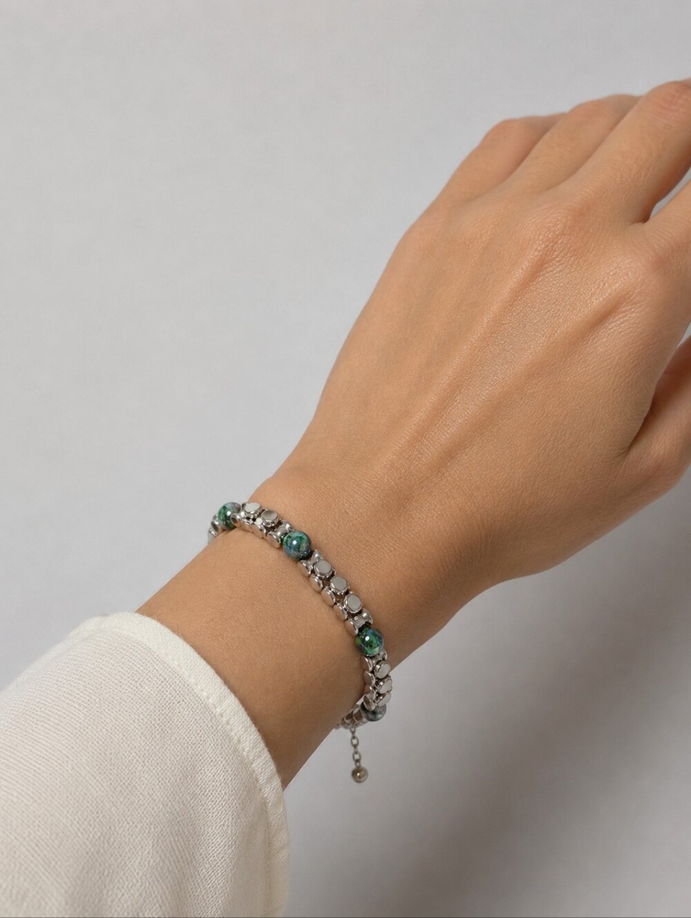Handcrafted One Of A Kind Silver Tone And Green Bead Fidget Bracelet